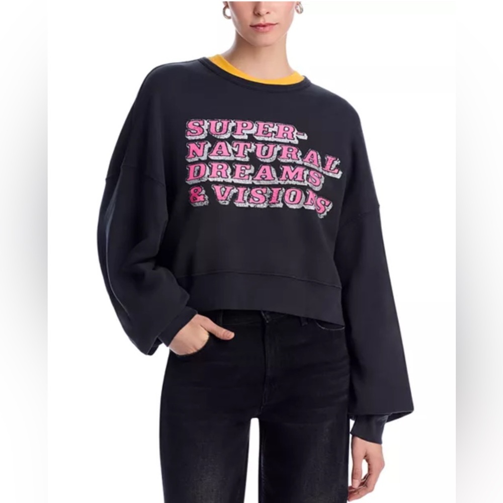 MOTHER Black Cropped Sweatshirt with Pink Graphic and Yellow Neck Trim
